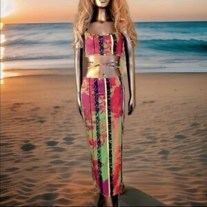 NWOT Sexy Snakeskin Print Crisscross Backless Crop Halter Top & Split Thigh Set